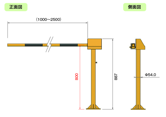 第4種踏切用遮断機 PG-3型【特許出願中】正面図・側面図