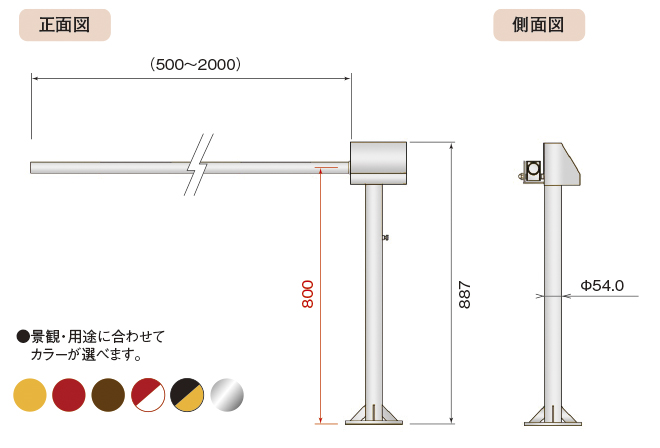 PG型 歩行者用遮断機 正面図・側面図